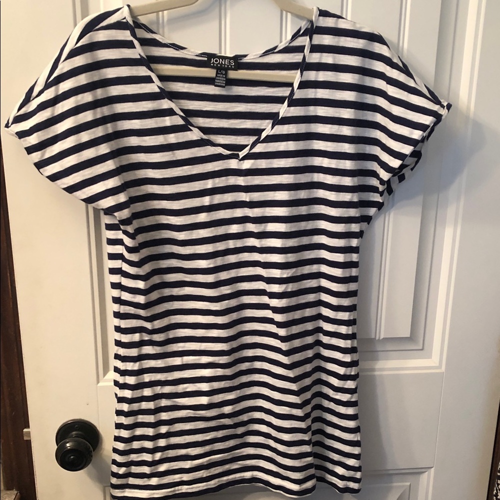 Jones New York Navy and White Striped V-Neck Tee
